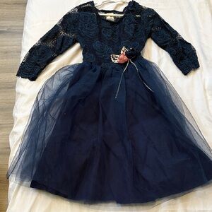 Navy Lace & Tulle Flower-Applique Girls Formal Dress